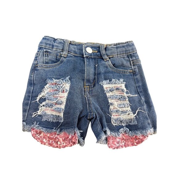 Girls Distressed Jean Shorts with Pink Sequin's Size S - Picture 1 of 8